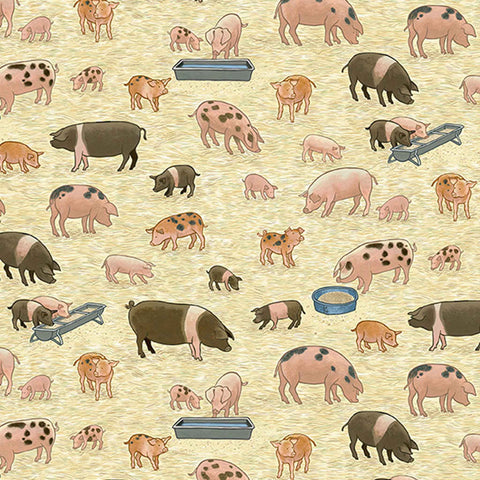 Pigs Cotton Fabric by Makower 2292/1, Village Life Collection