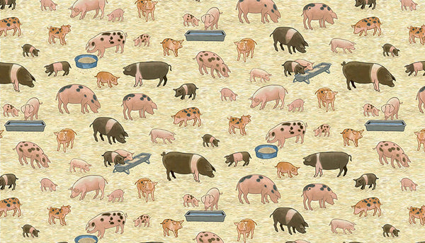 Pigs Cotton Fabric by Makower 2292/1, Village Life Collection