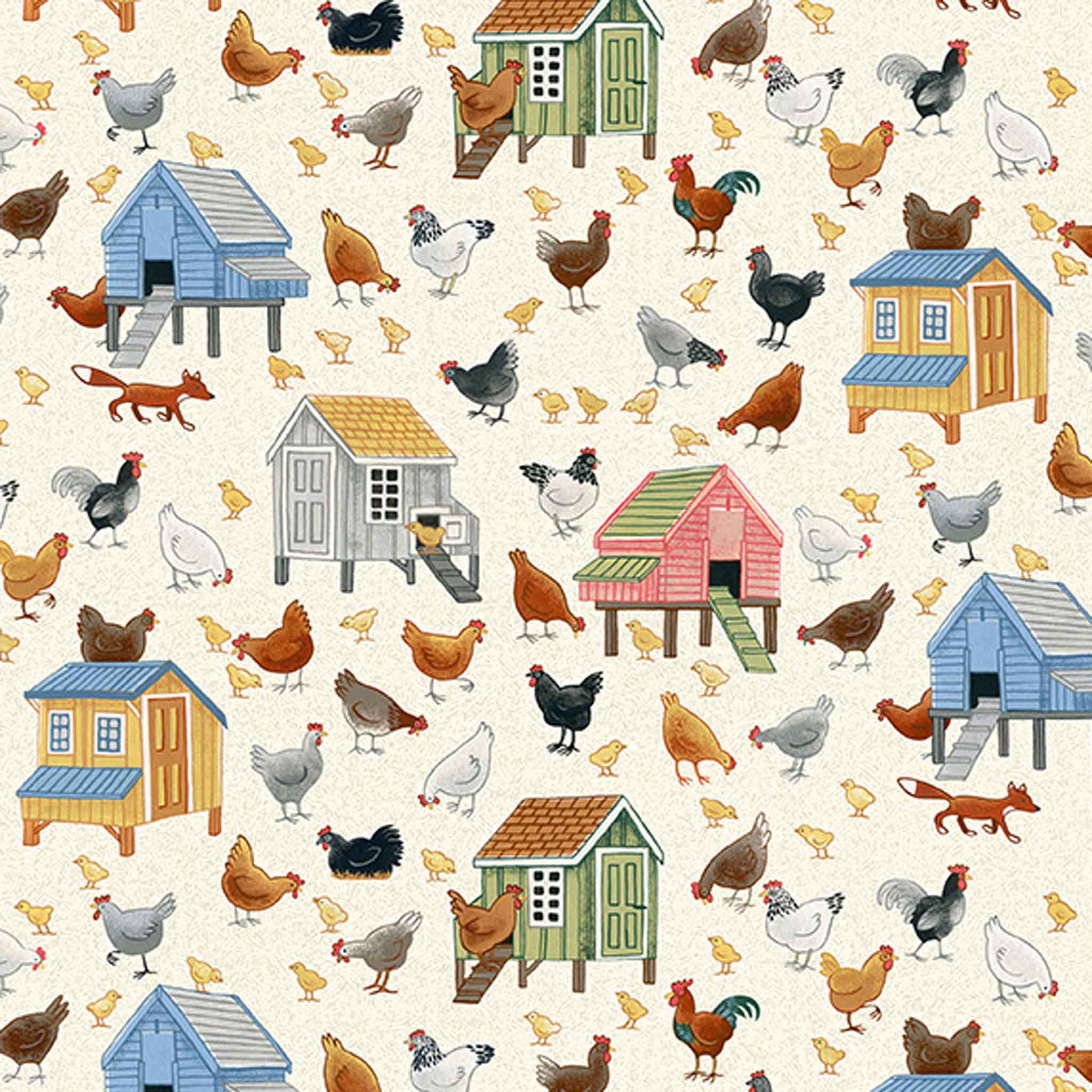 Chickens Cotton Fabric by Makower 2294/1, Village Life Collection
