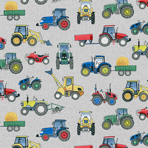 Grey Tractors Cotton Fabric by Makower 2296/S, Village Life Collection