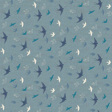 Swallows Cotton Fabric Blue Makower 2421/B - Hedgerow Collection