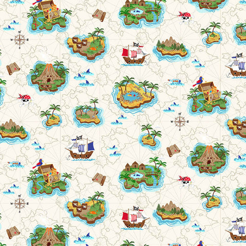 Pirate Islands Cotton Fabric Cream Makower 2430/Q - Pirates Collection