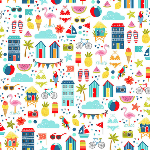 Montage Cotton Fabric White Makower 2438/W - Pool Party Collection