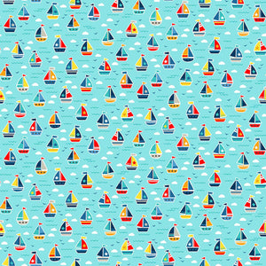 Boats Cotton Fabric Turquoise Makower 2439/T - Pool Party Collection