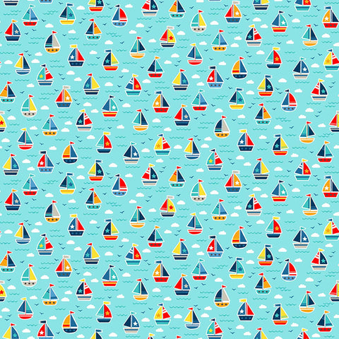 Boats Cotton Fabric Turquoise Makower 2439/T - Pool Party Collection
