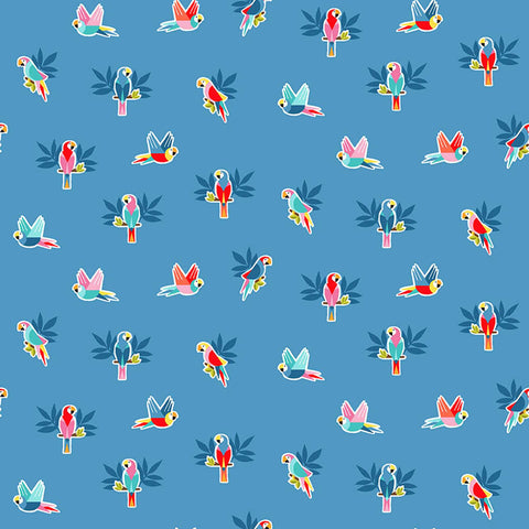 Parrots Cotton Fabric Blue Makower 2443/B - Pool Party Collection