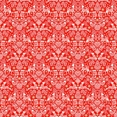 Red Folk Cotton Fabric - Gold Metallic - Makower 2459/R - Scandi Christmas 2022