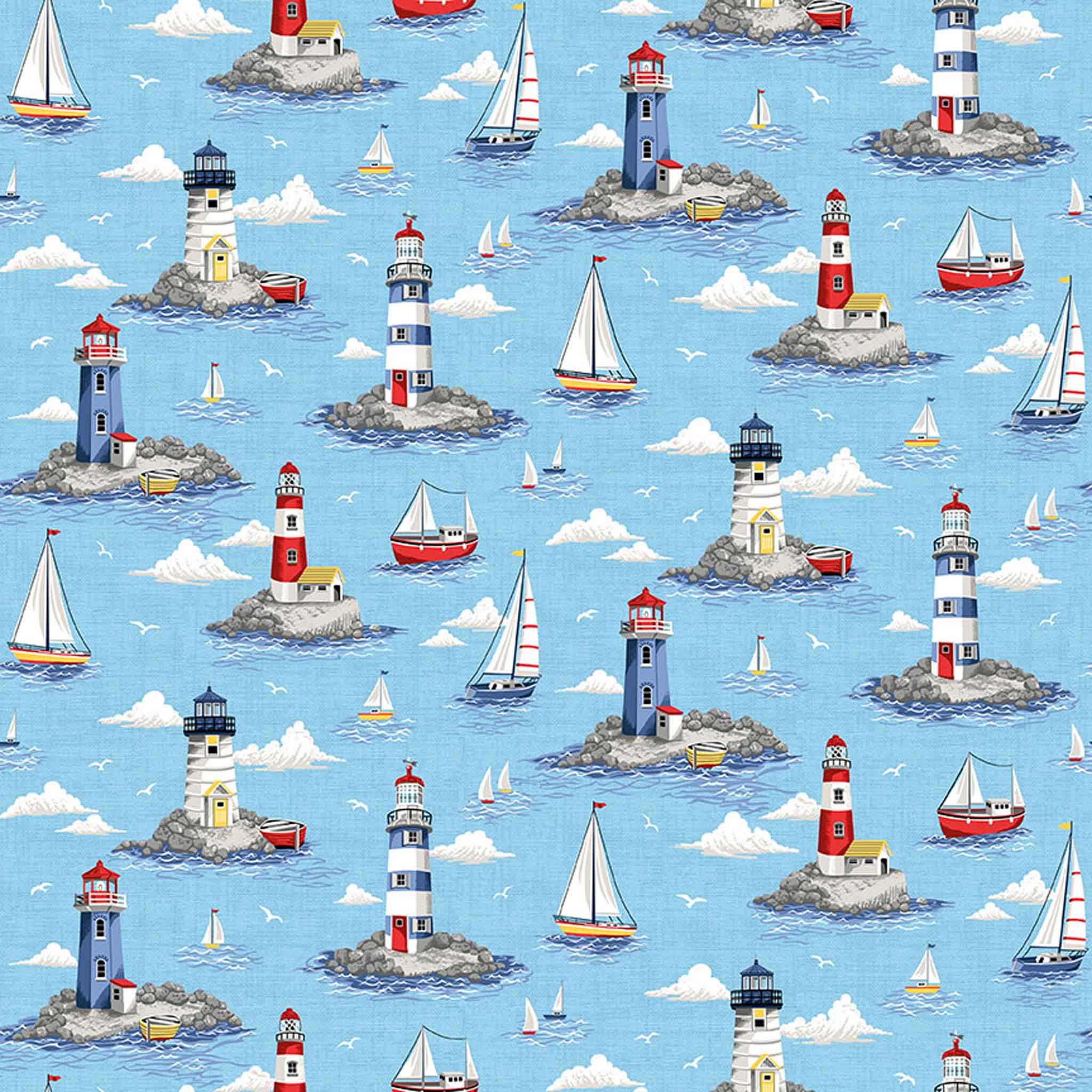Lighthouses Cotton Fabric Light Blue Makower 2499/B - Nautical Collection