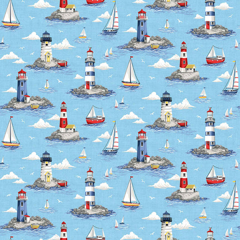 Lighthouses Cotton Fabric Light Blue Makower 2499/B - Nautical Collection