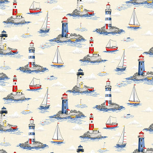 Lighthouses Cotton Fabric Cream Makower 2499/Q - Nautical Collection