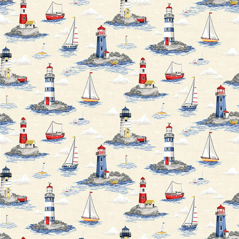 Lighthouses Cotton Fabric Cream Makower 2499/Q - Nautical Collection