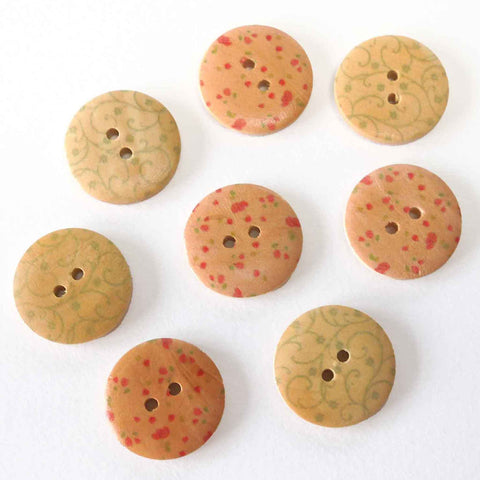 25mm Wooden Craft Buttons - Pink and Green Floral - Pack of 8