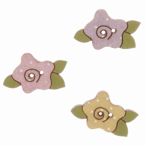24 mm Rose Wooden and Leaf Buttons, Pack of 3 Coloured Flower Craft Buttons