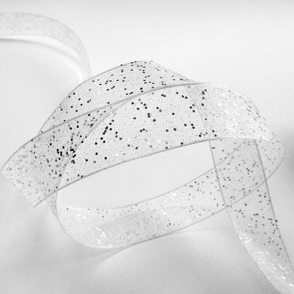 Random Glitter Sheer Ribbon White Berisfords - 25mm