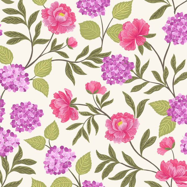 Peony Hydrangea on Cream Cotton Fabric Lewis and Irene A521.1 - Love Blooms