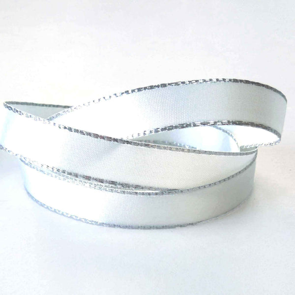 Silver Metallic Edge Satin Ribbon - White - Berisfords - 3mm - 7mm - 15mm