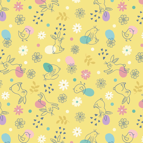 Chicks Bunnies on Yellow Cotton Fabric Lewis and Irene A590.3 - Spring Treats