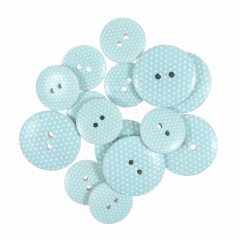 S&W Wooden Craft Buttons Blue Polka Dot 18mm and 25mm - Pack of 15