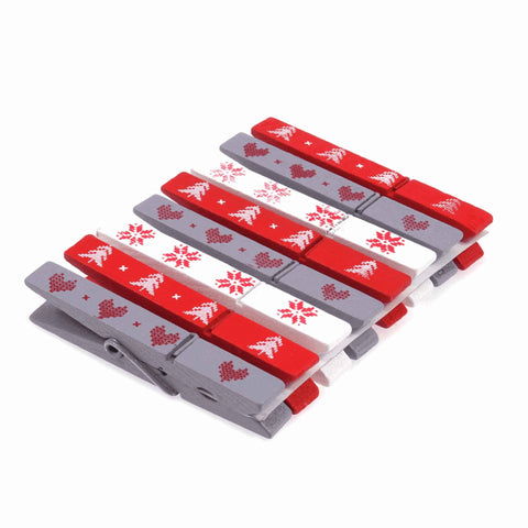 Christmas Wooden Pegs, 8 Red, White and Grey Pegs for Xmas Crafts
