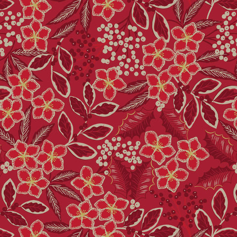 Red Floral with Gold Metallic Cotton Fabric Lewis and Irene C66.3 - Noel