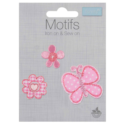 Pink Butterfly and Flowers Motifs Iron or Sew On - Trimits CFM2\004