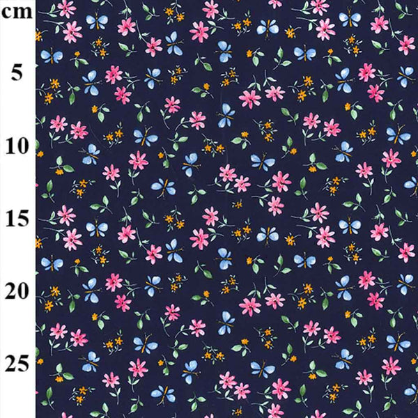Small Flower and Butterfly Cotton Poplin Fabric - Navy Blue - Rose & Hubble