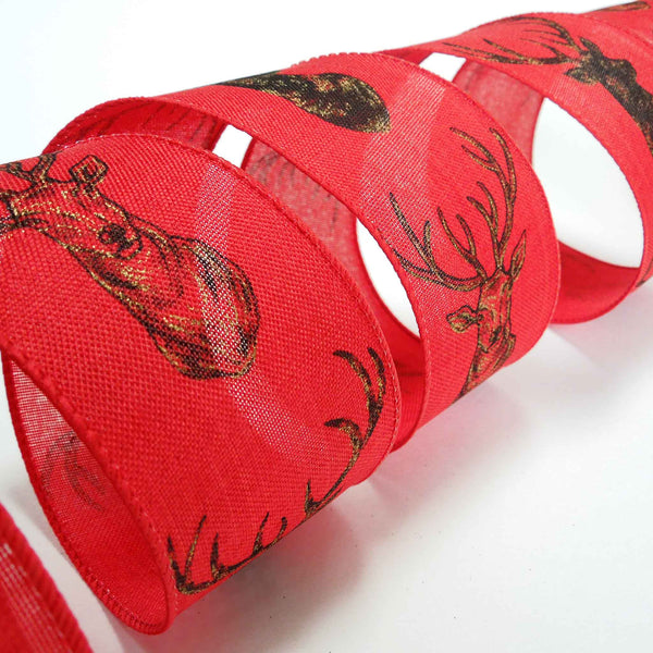 63 mm Red Christmas Stag's Head - Wired Ribbon
