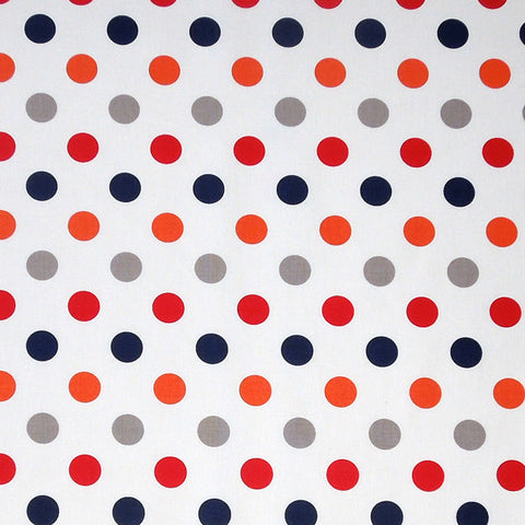 Riley Blake Dot Fabric, Red, Blue, Orange and Grey Polka Dots on White Cotton Fabric