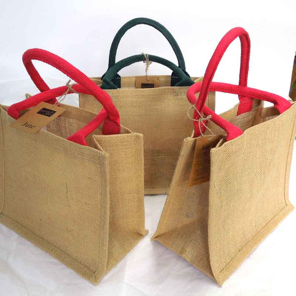Natural Jute Bags - Coloured Handles - Green
