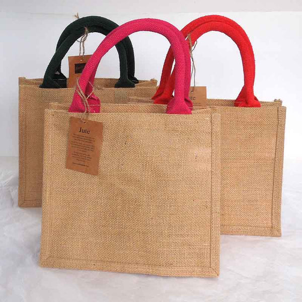 Natural Jute Bags - Coloured Handles - Red