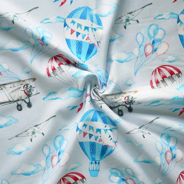 Grey Hot Air Balloons and Planes Cotton Fabric by John Louden