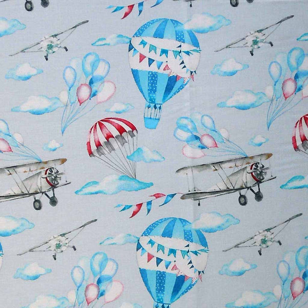 Grey Hot Air Balloons and Planes Cotton Fabric by John Louden