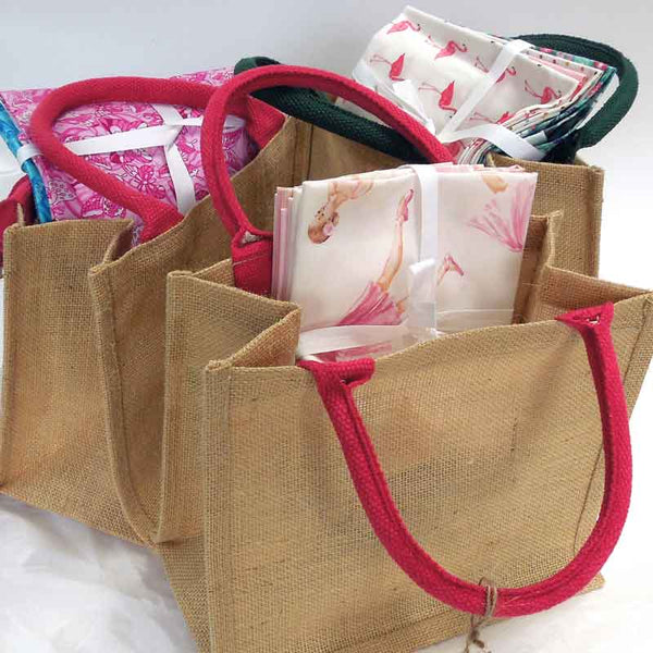 Natural Jute Bags Coloured Handles Green Pink - Red