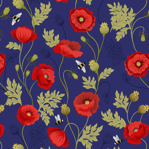 Poppies - Lewis and Irene - Poppies and Bee Blue A553.2 - Cotton Fabric
