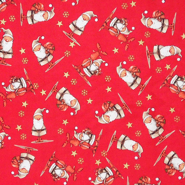 Red Father Christmas and Reindeer Cotton Fabric