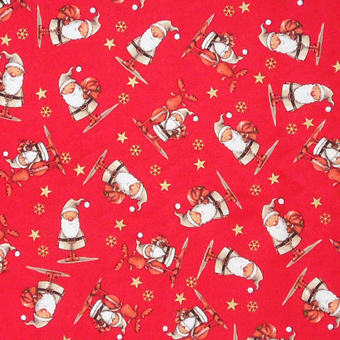 Red Father Christmas and Reindeer Cotton Fabric