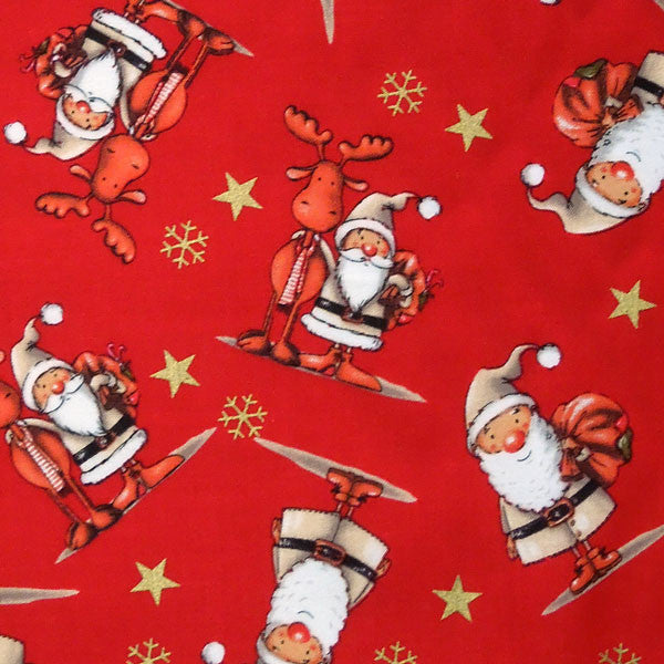 Red Father Christmas and Reindeer Cotton Fabric