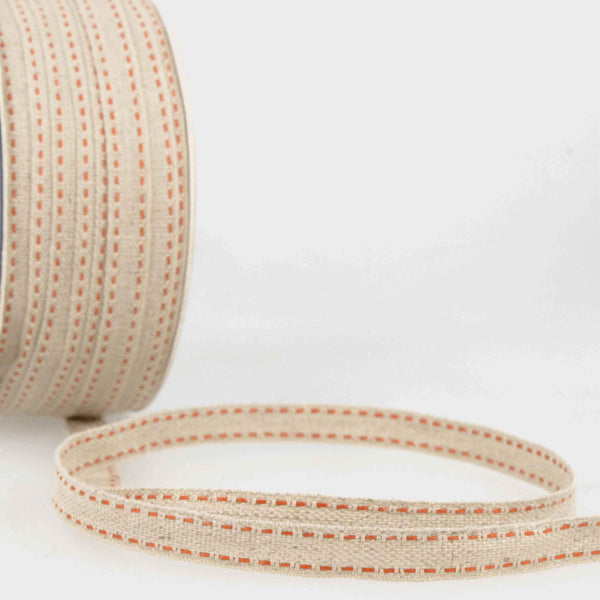 Top Stitched Linen Ribbon - Orange and Natural - La Stephanoise - 10mm
