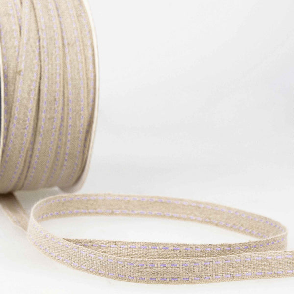 Top Stitched Linen Ribbon - Lilac and Natural - La Stephanoise - 10mm