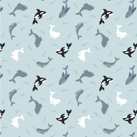 Whales on Icy Blue with Pearlescent Cotton Fabric Lewis and Irene SM42.1 - Small Things Polar Animals