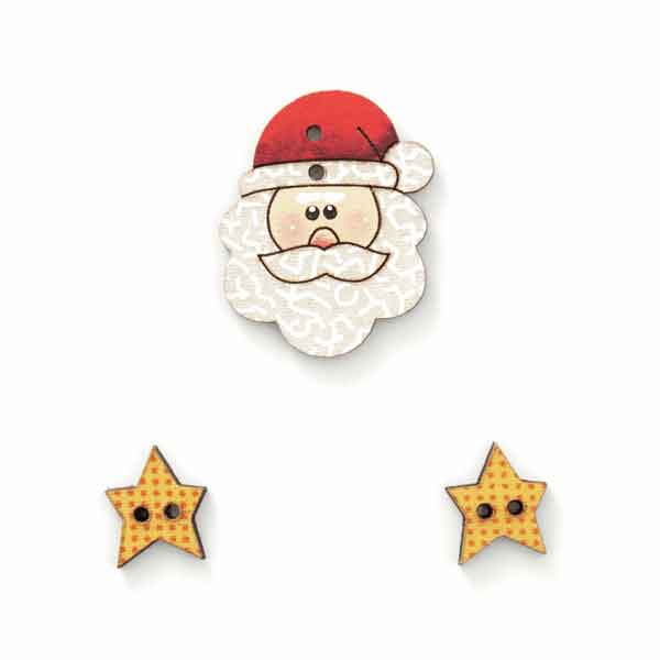 25mm Xmas Santa with Stars Fabric Covered Wooden Buttons - Pack of 3