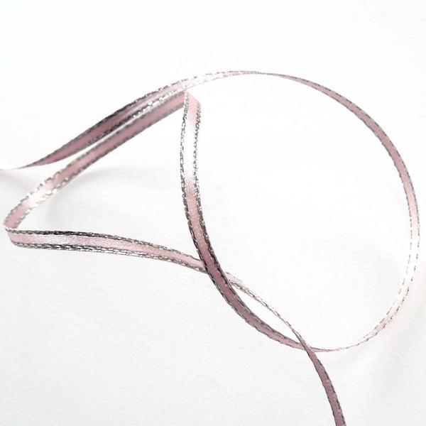 Silver Metallic Edge Satin Ribbon - Pink Azalea - Berisfords - 3mm - 7mm