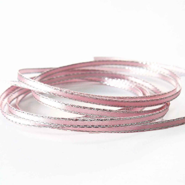 Silver Metallic Edge Satin Ribbon - Pink Azalea - Berisfords - 3mm - 7mm