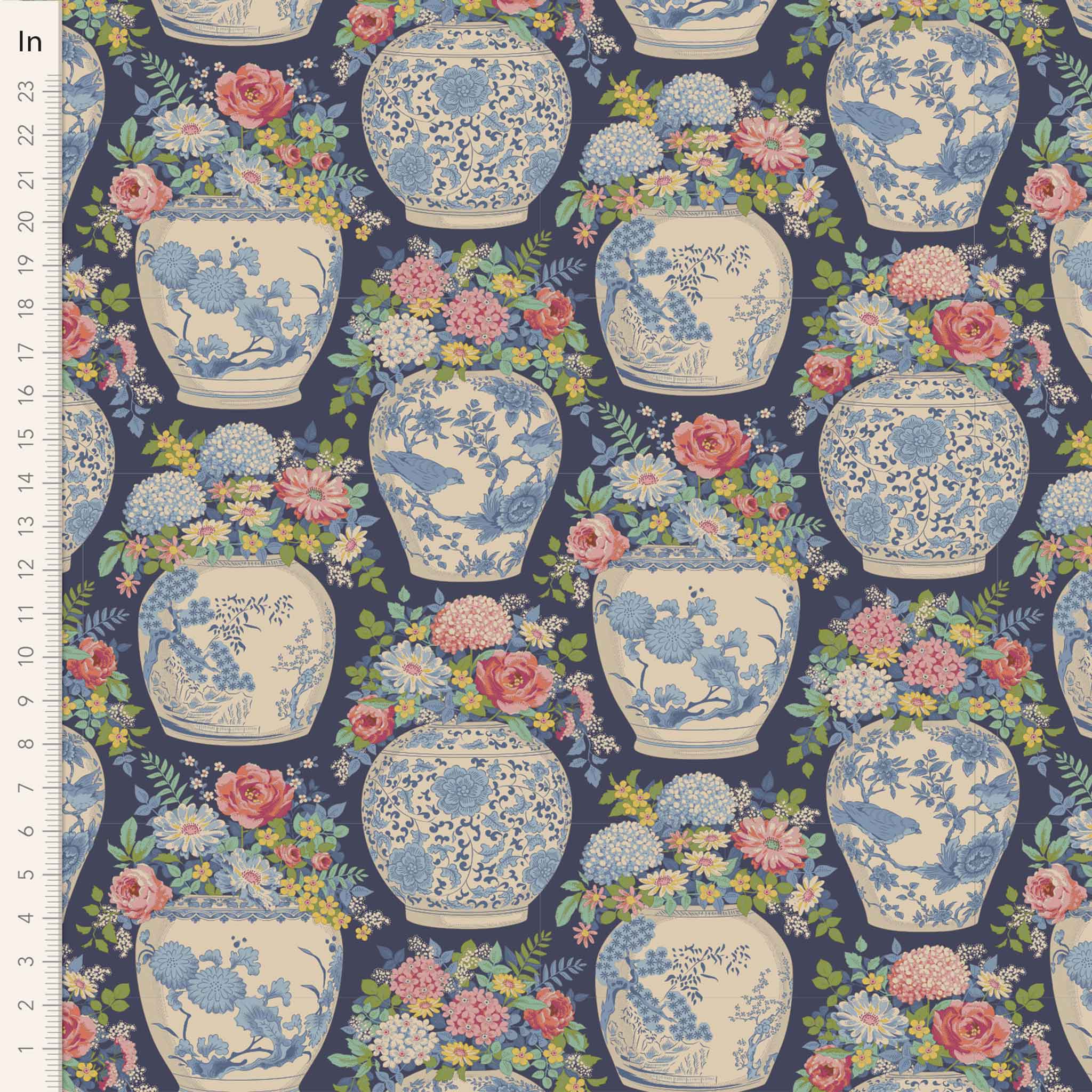 Flower Vase Cotton Fabric Navy Blue Chic Escape Collection - Tilda 100450