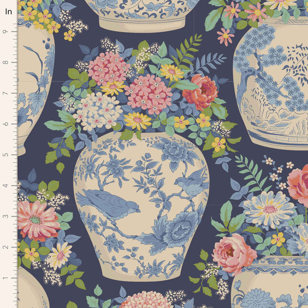 Flower Vase Cotton Fabric Navy Blue Chic Escape Collection - Tilda 100450