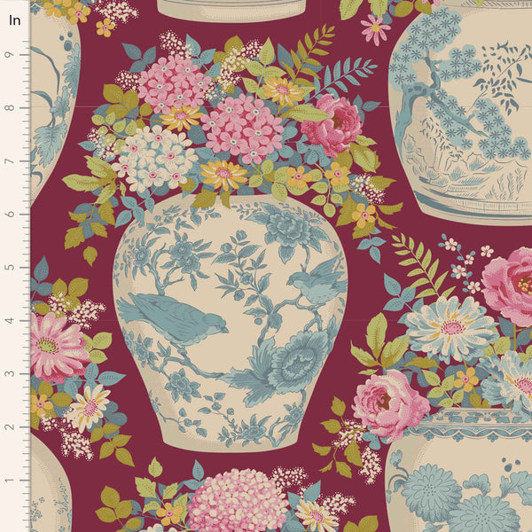 Flower Vase Cotton Fabric Maroon Chic Escape Collection - Tilda 100459