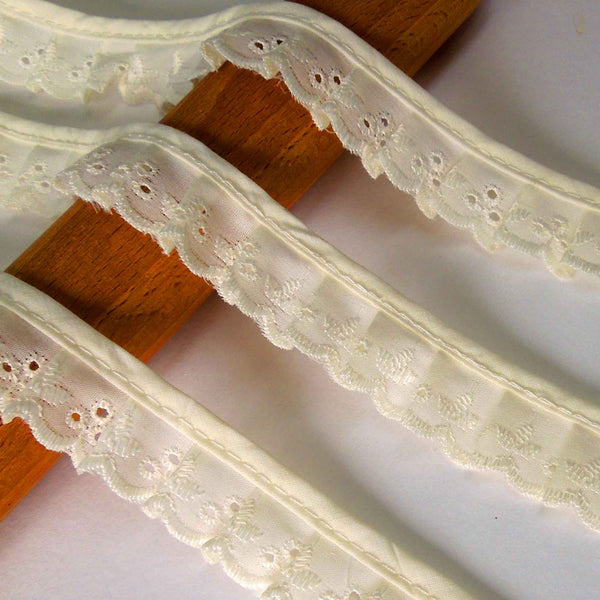25mm Frilled Broderie Anglaise Lace Cream Floral - Trimits