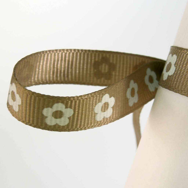 10 mm Taupe Brown Flower Ribbon on Wooden Bobbin