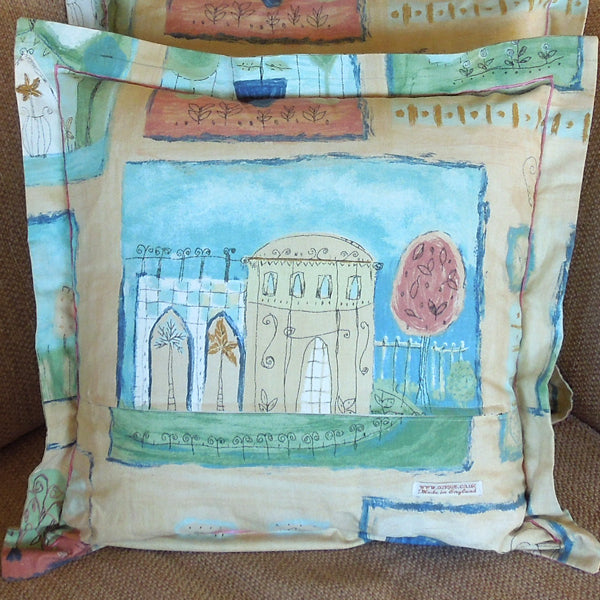 Pastel Abbey Cushion, Handmade in a Pure Cotton Retro Style Print with Satin Stitch embroidery, inch 21 inch, x 53 cm
