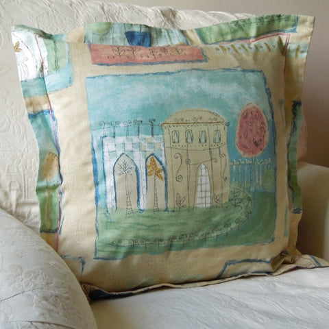 Pastel Abbey Cushion, Handmade in a Pure Cotton Retro Style Print with Satin Stitch embroidery, inch 21 inch, x 53 cm